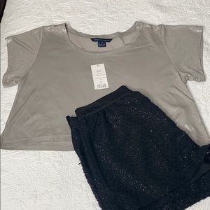 French Connection Metallic Grey Silver Cropped Tee